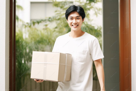 Generative AI : moving to a new apartment Young happy man with cardboard boxes around the white brick wallの素材