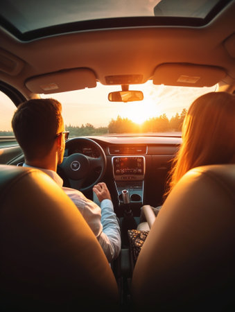 Generative AI : the happy couple man and woman in car traveling in summerの素材