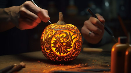 Generative AI : Cropped shot of man in apron standing in kitchen and carving large orange pumpkin for Halloween party while making scary face on jackolantern with knife to set theの素材