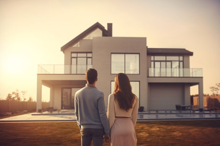 Generative AI : Concept The housing and mortgage for young families couple dreaming of his homeの素材