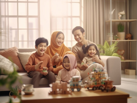 Generative AI : Cheerful young family man and woman forming rooftop with hands while sitting with little kids on floor in living room at homeの素材