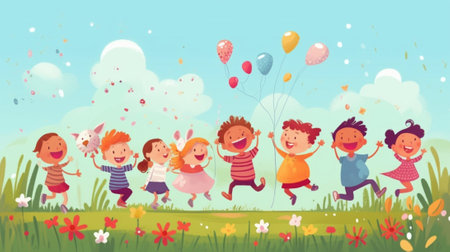 Generative AI : Group of happy joyful school kids running with their backs in field on sunny spring day excited children boys and girls enjoying summer holidays in countrysideの素材