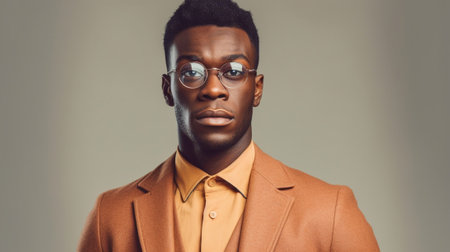 Generative AI : Bad eyesight Young african american man wearing glasses squinting while looking at camera guy peers through spectacles because of vision troubles while standing isoの素材