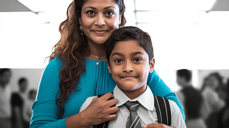 Generative AI : First day at school Mother hugging to her happy son during the preparing for school studies at homeの素材