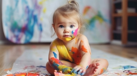 Generative AI : happy baby child draws with colored paints handsの素材