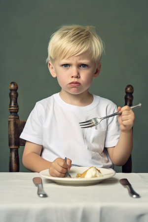 Generative AI : concept funny baby with fork and knife eating looking at the plate with one peaの素材