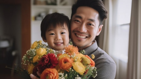 Generative AI : father and child daughter with a bouquet of flowers at homeの素材