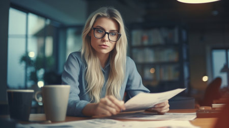 Generative AI : Serious dissatisfied young female entrepreneur in casual clothes and glasses examining documents while standing near table with computer at modern workplaceの素材
