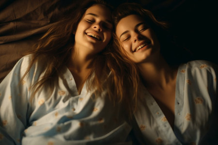 Generative AI : From above delighted girl and and young woman smiling and looking at each other while lying under warm duvet in morning at homeの素材