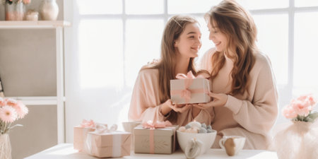 Generative AI : Positive curious young woman with middle aged mother sitting on sofa and unpacking cardboard box with ordered purchases while spending time together at homeの素材