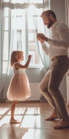 Generative AI : Having fun with daddy Cute excited little girl and young playful father in casual wear dancing and playing together while standing in living room at home Family leiの素材
