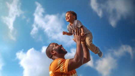 Generative AI : Playtime with dad Little excited african american boy flying in air in fathers arms while spending time together and having fun at home young happy family daddy andの素材
