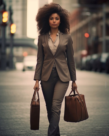 Generative AI : Ready for business trip Young happy stylish business woman with suitcase luggage walking along city street and smiling holding take away coffee and handbag in handの素材