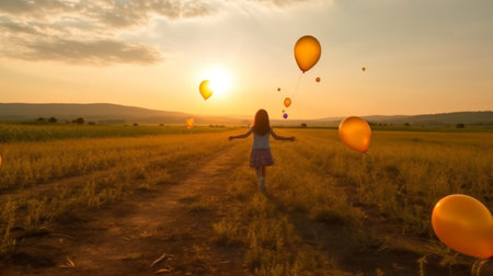 Generative AI : Happy family mother and child daughter running with balloons on meadow in summer at sunsetの素材
