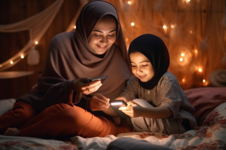 Generative AI : happy family mother and children with tablet computer at home in bed in eveningの素材