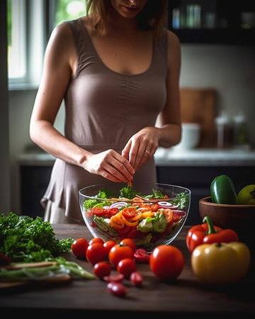 Generative AI : happy woman preparing vegetable salad in the kitchenの素材