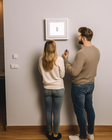 Generative AI : Young couple woman pointing away for boyfriend while sitting near white wall and planning room interior during renovation in new apartmentの素材