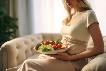 Generative AI : healthy nutrition and pregnancy pregnant womans belly and vegetable saladの素材