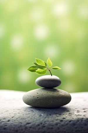 Generative AI : spa green background balance stones with water dropsの素材