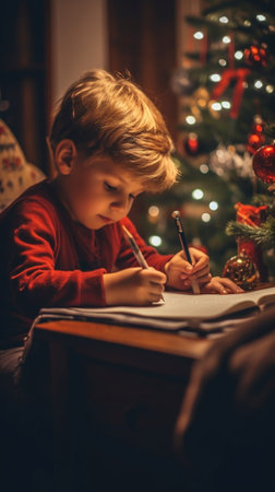 Generative AI : happy child girl writes letter to Santa Claus at the Christmas tree in the eveningの素材