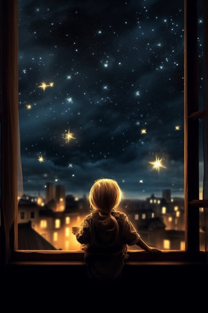 Generative AI : child little girl at the window dreaming the starry sky at bedtime nightの素材