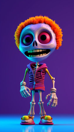 Generative AI : Happy cheerful boy in skeleton costume celebrates Halloween and scary gesture on bright purple backgroundの素材
