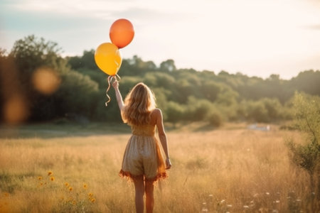 Generative AI : Happy cheerful girl with balloons running across meadow at sunset on nature in summerの素材