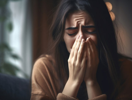 Generative AI : Young woman experiences depression fear despair lonelinessの素材