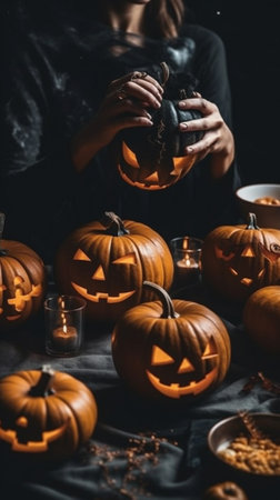 Generative AI : Cropped shot of woman in apron standing in kitchen and removing all the pulp from pumpkin with big spoon while carving jack o lantern in cozy kitchen at home femaleの素材