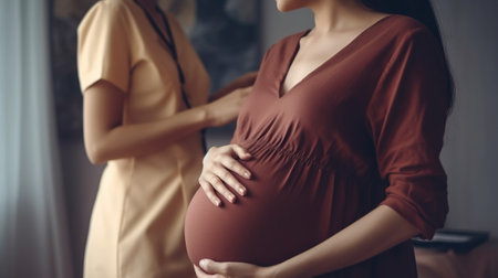 Generative AI : belly of pregnant woman and hand of doctor with a stethoscopeの素材