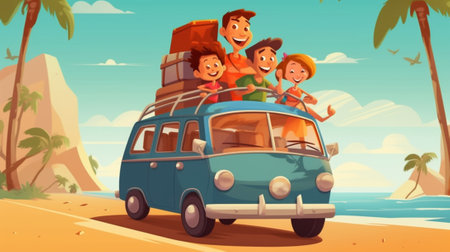 Generative AI : happy large family mother father and children in summer auto journey travel by car on beachの素材