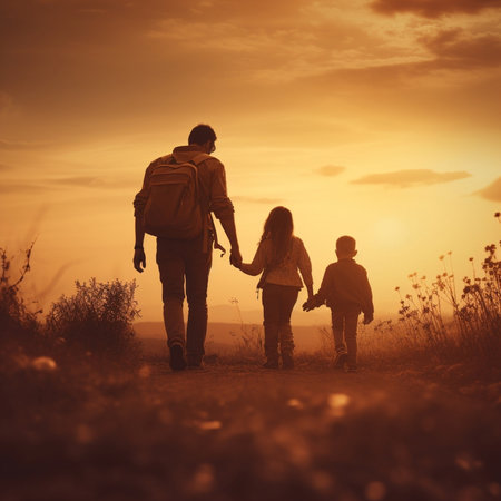 Generative AI : Happy family mother father and child daughter on nature on sunsetの素材