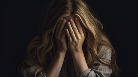 Generative AI : sad woman in depression and despair crying clutching his hands behind his head on black dark backgroundの素材