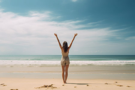 Generative AI : Happy woman standing arms outstretched back and enjoy life on the beach at Seaの素材