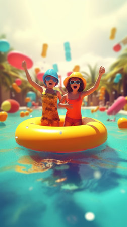 Generative AI : Two funny little girls sisters in swimsuits and swimming goggles jumping up in air with inflatable swimming ring and ball in hands on orange studio background excitの素材