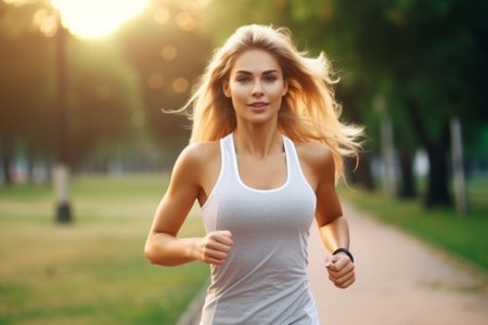 Generative AI : happy girl in for sports and fitness jogging in the summer in the parkの素材