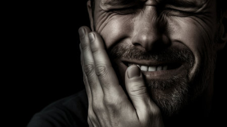 Generative AI : young man holding his aching tooth in pain isolated on white background monochrome photo with red as a symbol for the hardeningの素材