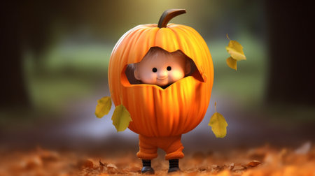 Generative AI : happy baby boy with pumpkin outdoors in halloweenの素材