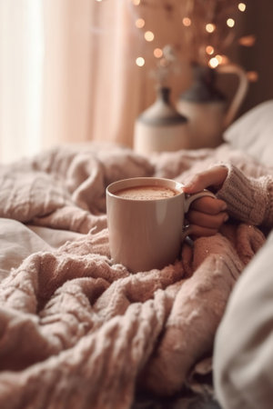 Generative AI : happy loving couple drinking cocoa on a winter morning in bedの素材