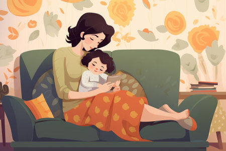 Generative AI : Mother reading a book a little baby daughter on the sofa at homeの素材