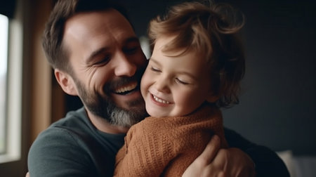 Generative AI : Young man loving father holding cute excited daughter happy dad and child hugging and smiling at camera while playing having fun together at home Family leisure actの素材