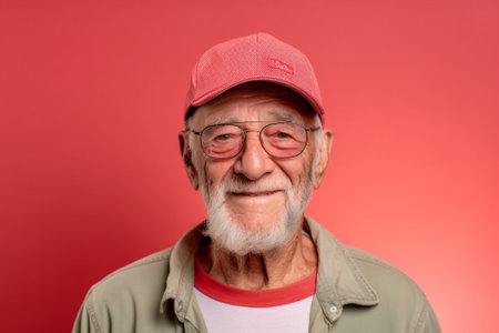 Generative AI : Happy funny senior man in santa hat with wrapped gift box holding red christmas tree ball in front of his nose and smiling at camera positive grandfather celebratinの素材