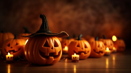 Generative AI : Classic carven spooky jack o lantern with big gapetoothed grin in pirate hat standing on wooden table with different handmade halloween decorations and painted pumpの素材