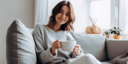 Generative AI : happy young woman with cup of morning coffee in the bedの素材