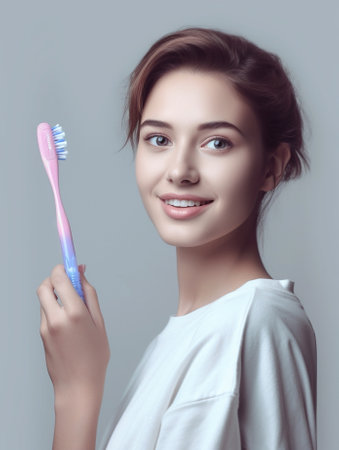 Generative AI : Healthy happy young woman with snowwhite smile brushing her teeth with a toothbrushの素材