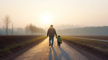 Generative AI : happy family father and son walking in nature at sunsetの素材
