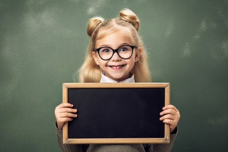 Generative AI : happy little girl schoolgirl with a book from the blackboardの素材