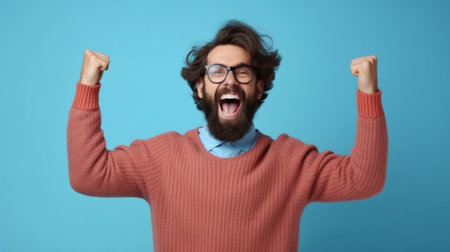 Generative AI : Delighted bearded man in glasses smiling for camera and showing signboard with open inscription isolated on blue backgroundの素材