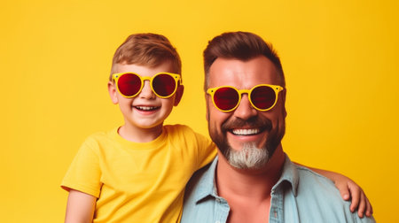 Generative AI : happy fathers day funny dad and son with mustache fooling around on colored yellow backgroundの素材