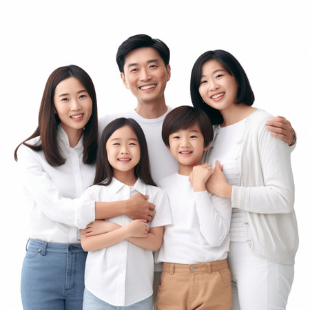 Generative AI : United happy family parents and adorable kids showing thumb up gesture while standing on white background in studio and looking at cameraの素材